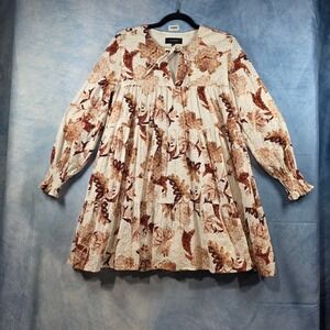 En Saison Floral Eyelet Lace Tiered Mini Dress Brown White Long Sleeve Small